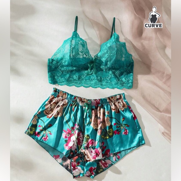 Sexy floral turquoise lingerie pajamas set - Picture 2 of 14